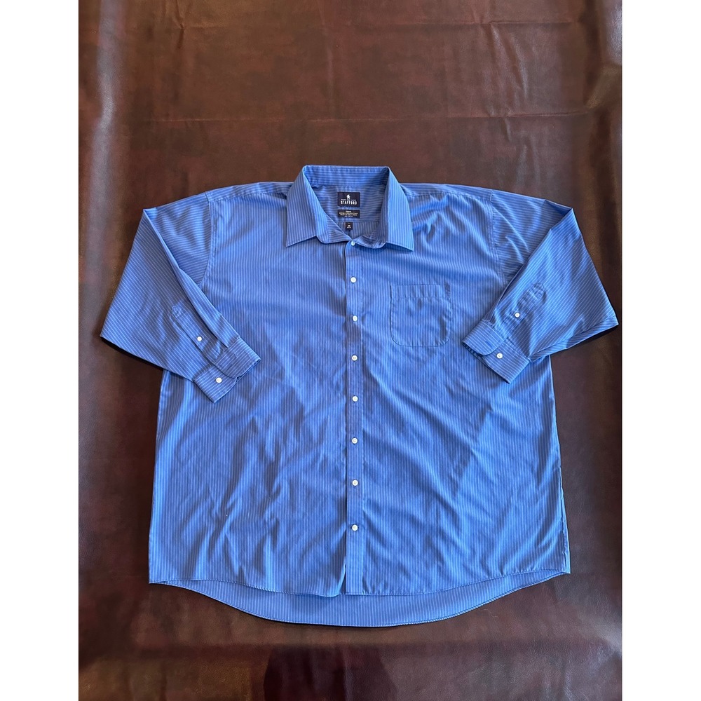 Stafford Men Big 20 34-35 Blue Pinstripe Travel Performance Super Shirt Button